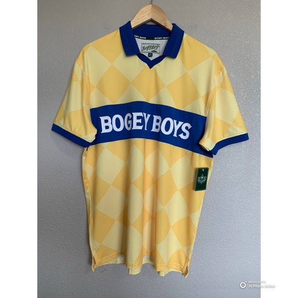 Bogey Boys Golf Polo Size Large Athletic Checkered Short Sleeve Yellow Argyle - Picture 1 of 16
